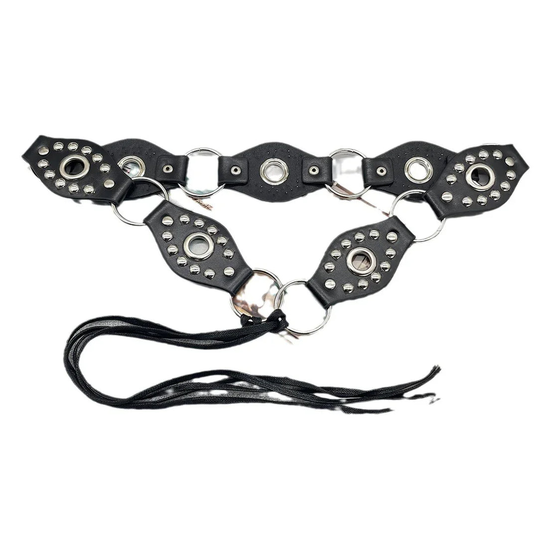 Black leather studded belt with silver metal rings and tassels against white background