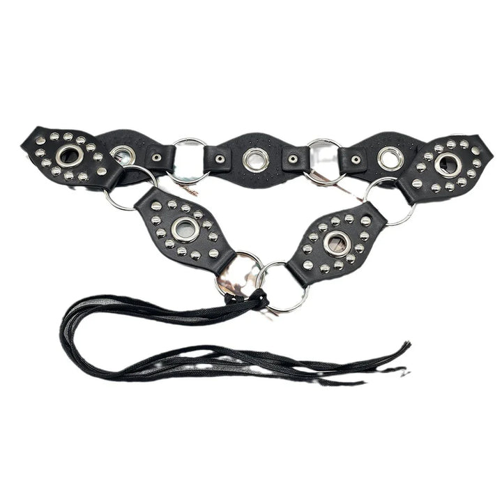 Black leather studded belt with silver metal rings and tassels against white background