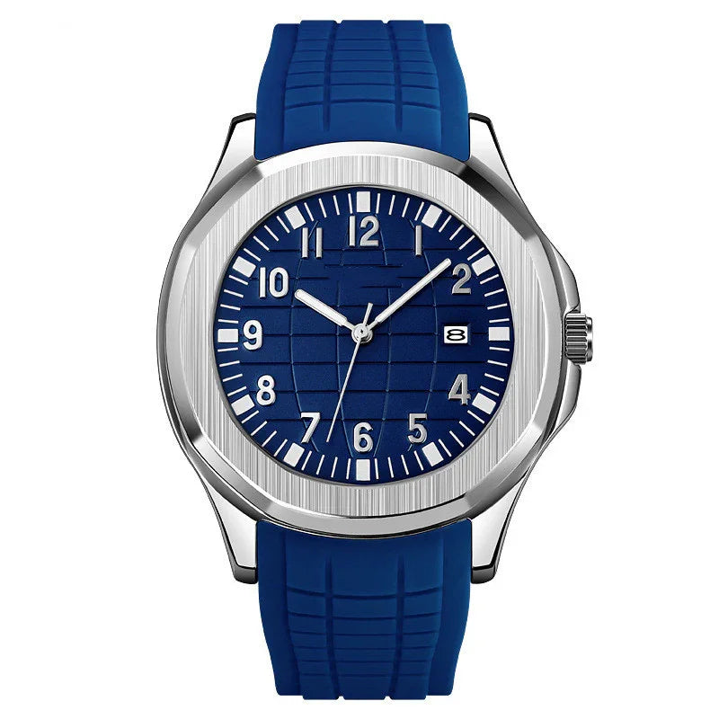Silver stainless steel watch with blue textured dial and matching blue silicone strap