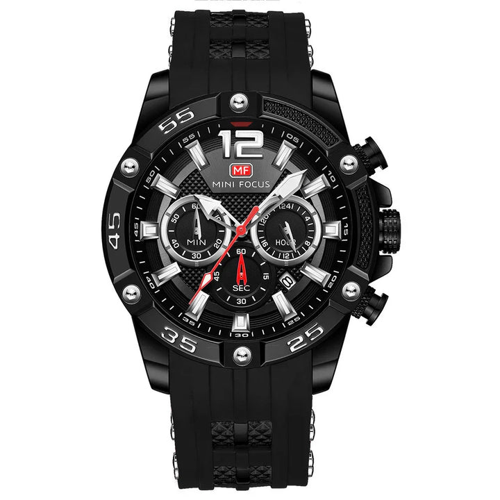 Black Mini Focus men's chronograph watch with rubber strap and silver markers