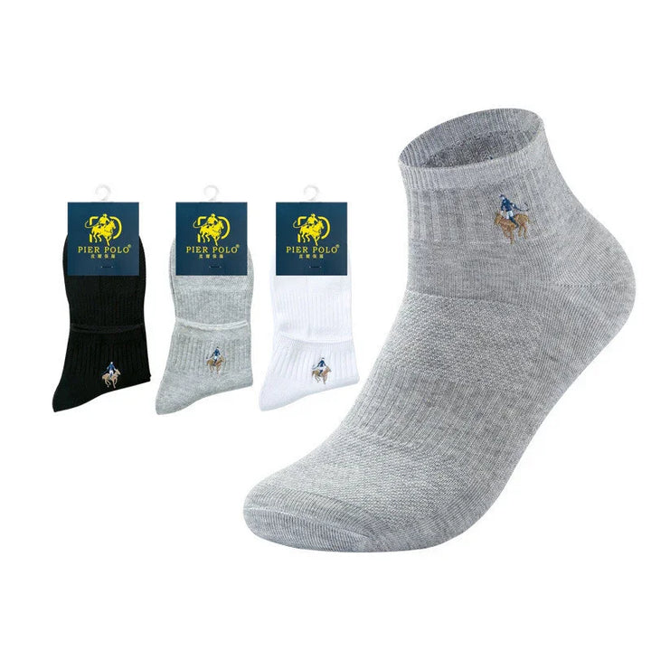 Pier Polo ankle socks in black, grey, and white with embroidered polo player logo
