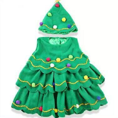 Green Christmas tree-themed toddler dress with colorful pom-poms and matching tree hat