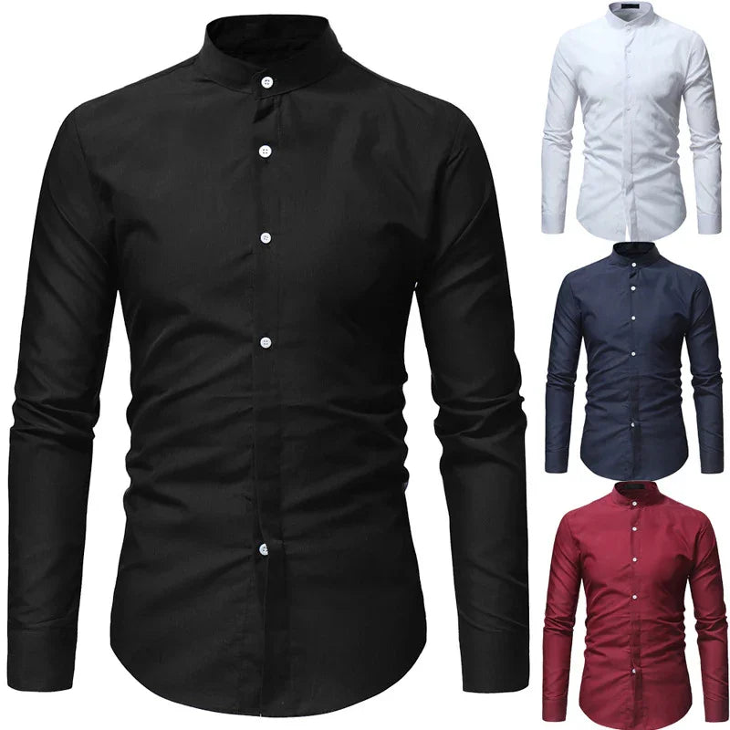 Slim fit mandarin collar button-down shirts in black, white, navy blue, and maroon colors
