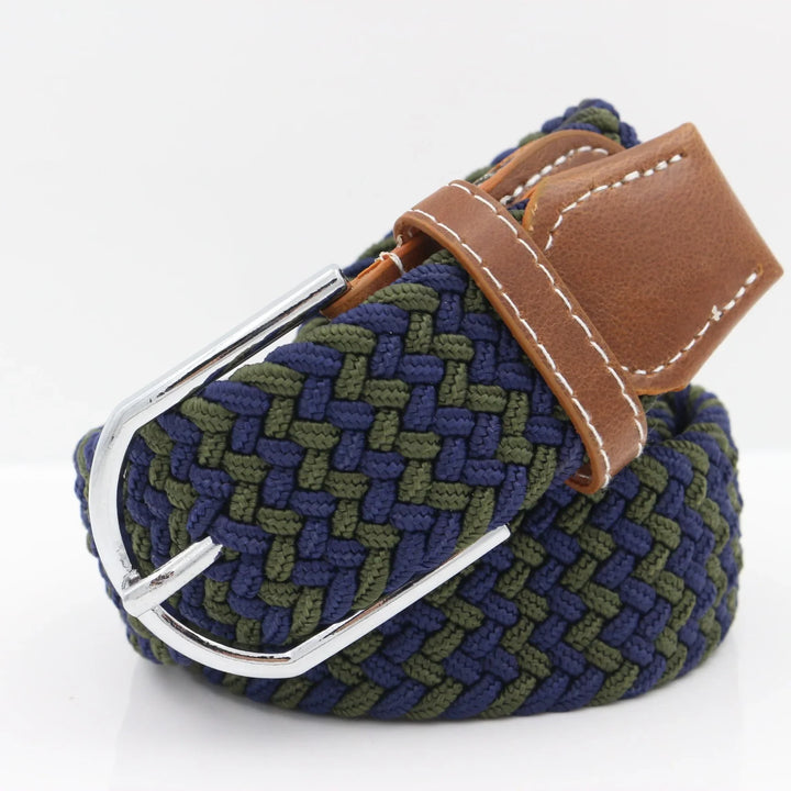 Woven braided belt in navy blue and olive green with brown leather end and silver buckle