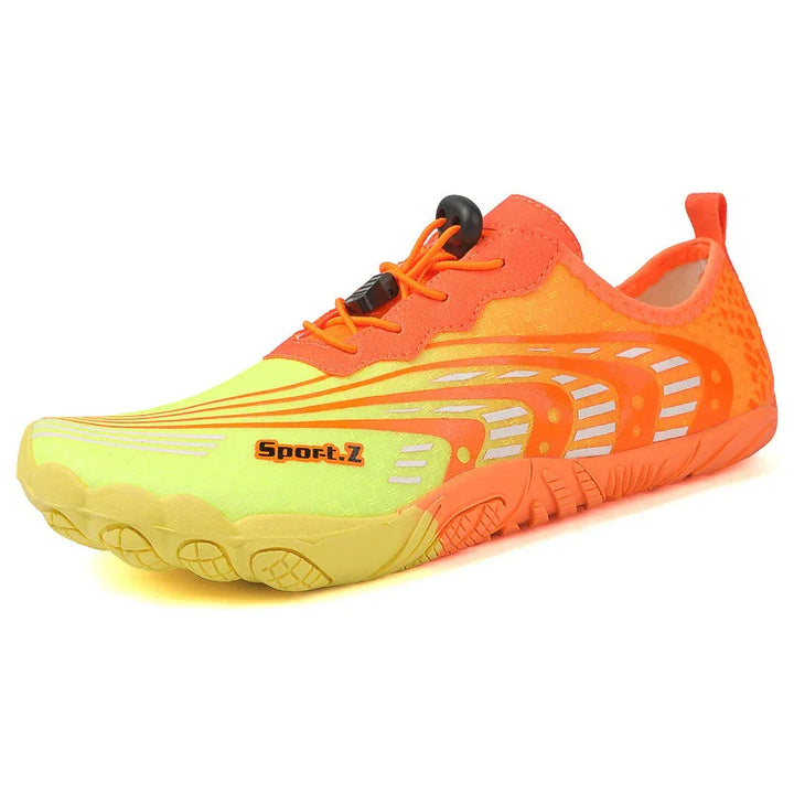 Bright orange and yellow Sport.Z lightweight athletic shoe with unique sole and lace-up design