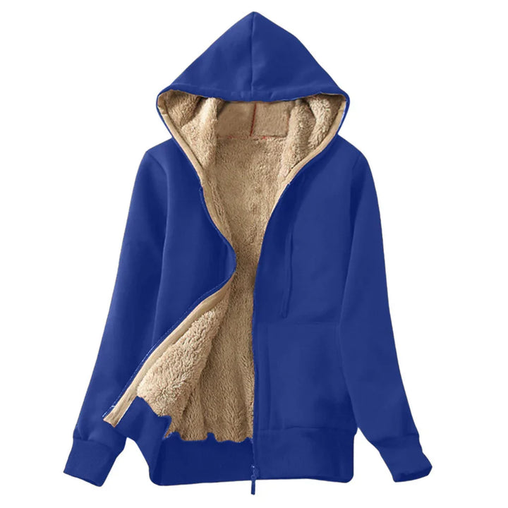 Blue zip-up hoodie with beige fleece lining and hood, cozy winter jacket for men or women