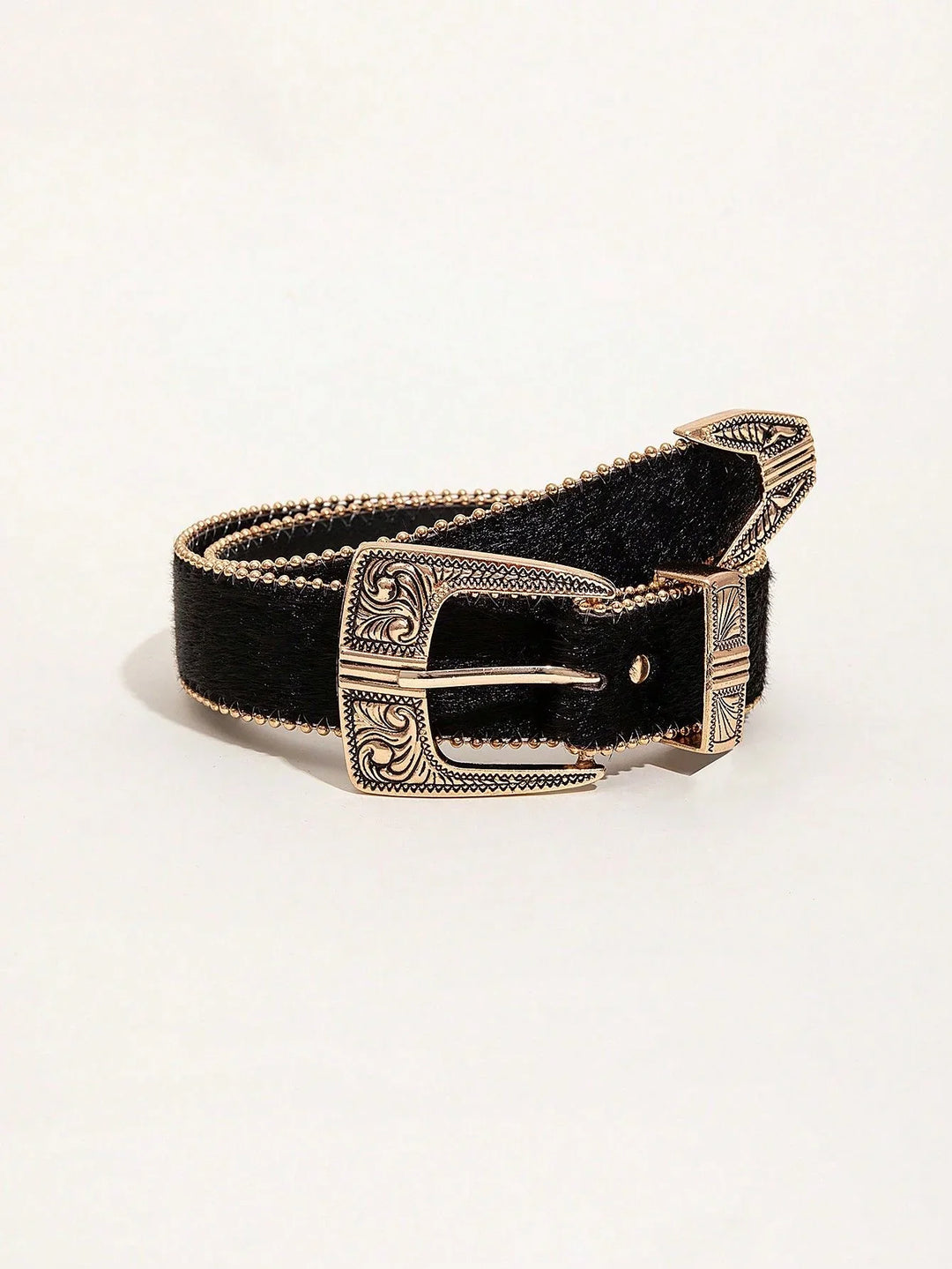 Black leather belt with intricate gold-toned engraved buckle and stitching detail