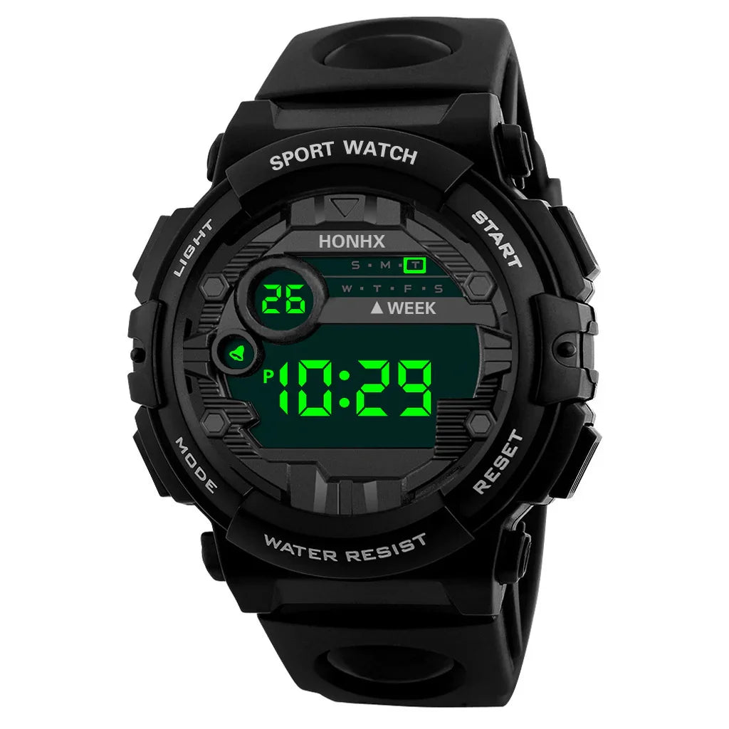 Black digital sport watch with green LED display, water resistant, rubber strap, and multiple function buttons