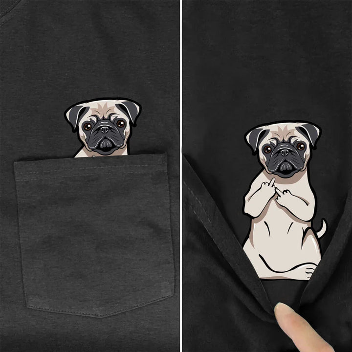 Black pocket t-shirt with cartoon pug design showing middle fingers behind pocket