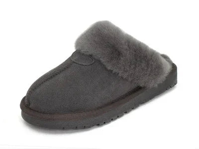 single dark gray slipper with plush fur lining and textured sole for indoor comfort