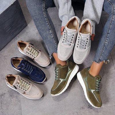 Casual women's sneakers in beige, olive green, and navy blue, displayed on a gray floor with jeans and gray pants