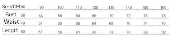 Clothing size chart displaying bust, waist, and length measurements in centimeters for sizes 80 to 160