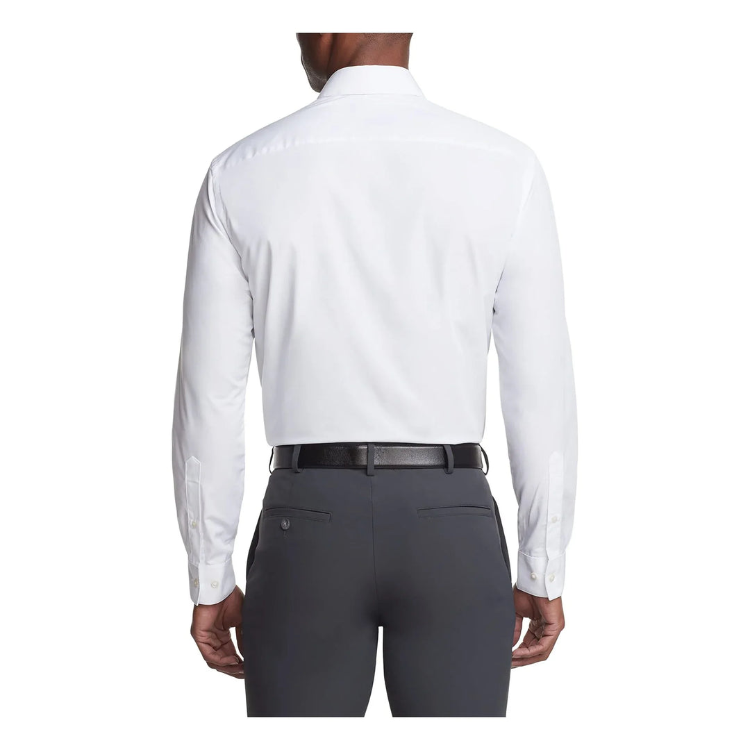 Back view of man wearing white dress shirt and dark gray trousers with black belt on white background