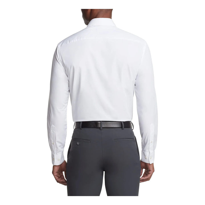 Back view of man wearing white dress shirt and dark gray trousers with black belt on white background