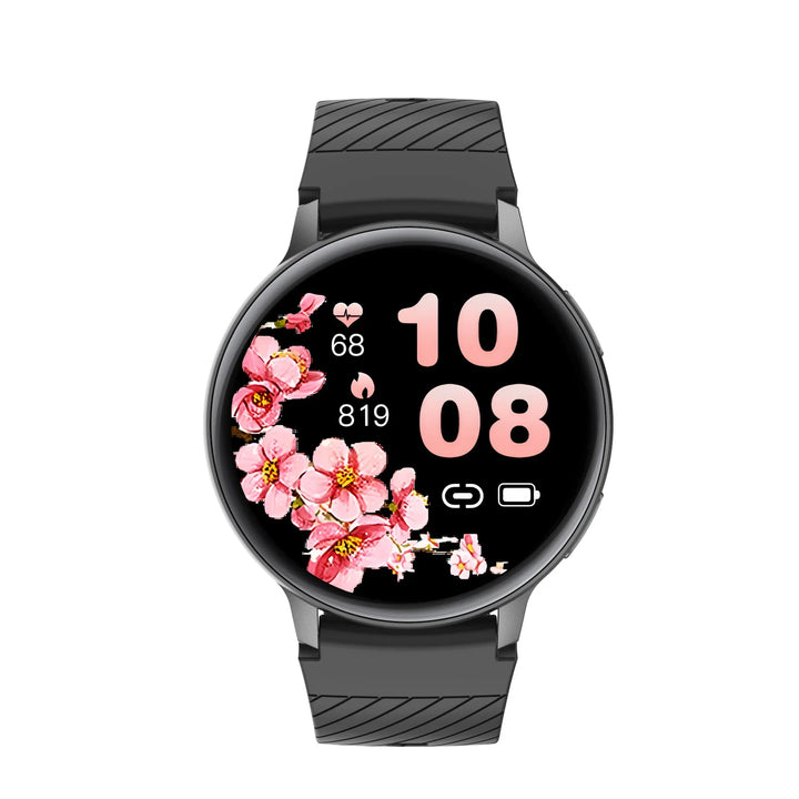 Black smartwatch with pink cherry blossom floral watch face showing time, heart rate 68, steps 819, and battery icon