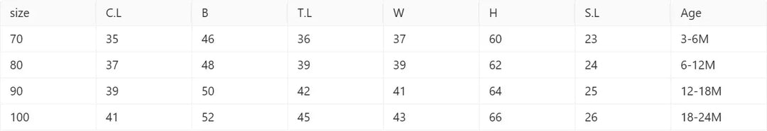 Baby clothing size chart detailing measurements for sizes 70 to 100 and corresponding ages 3-24 months