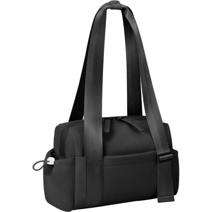 Black compact duffel bag with dual shoulder straps, side pocket, and zipper closure