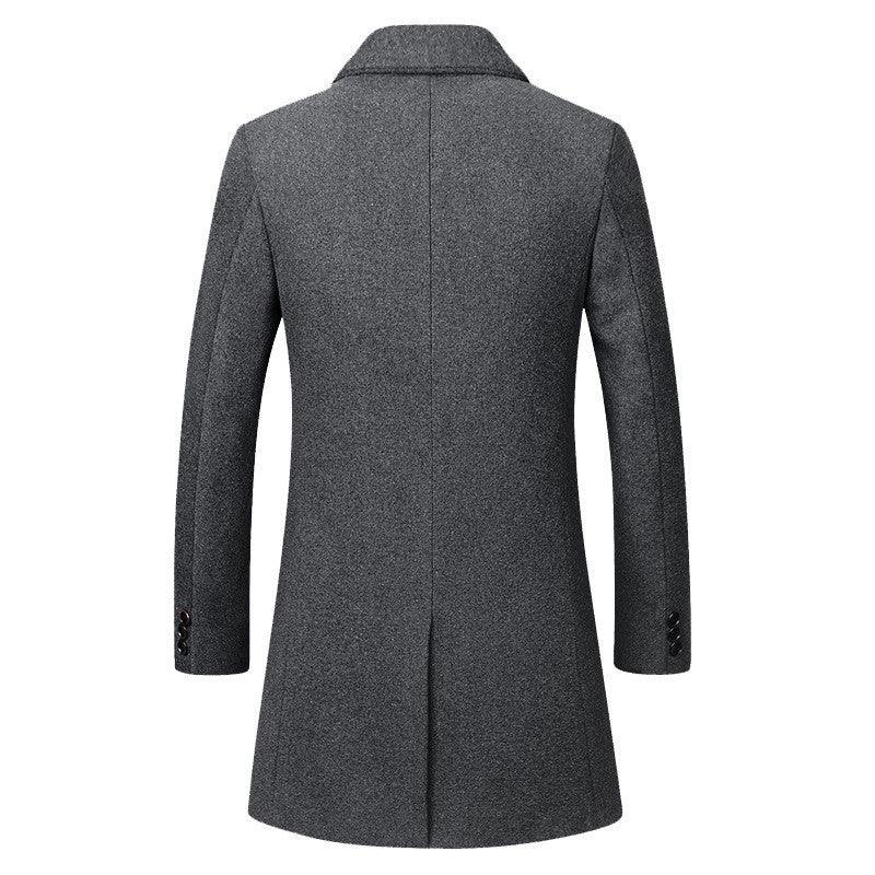 Back view of a men's grey wool blend long coat with a straight cut and buttoned cuffs