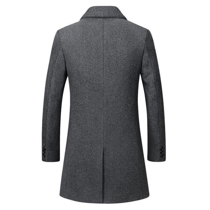 Back view of a men's grey wool blend long coat with a straight cut and buttoned cuffs