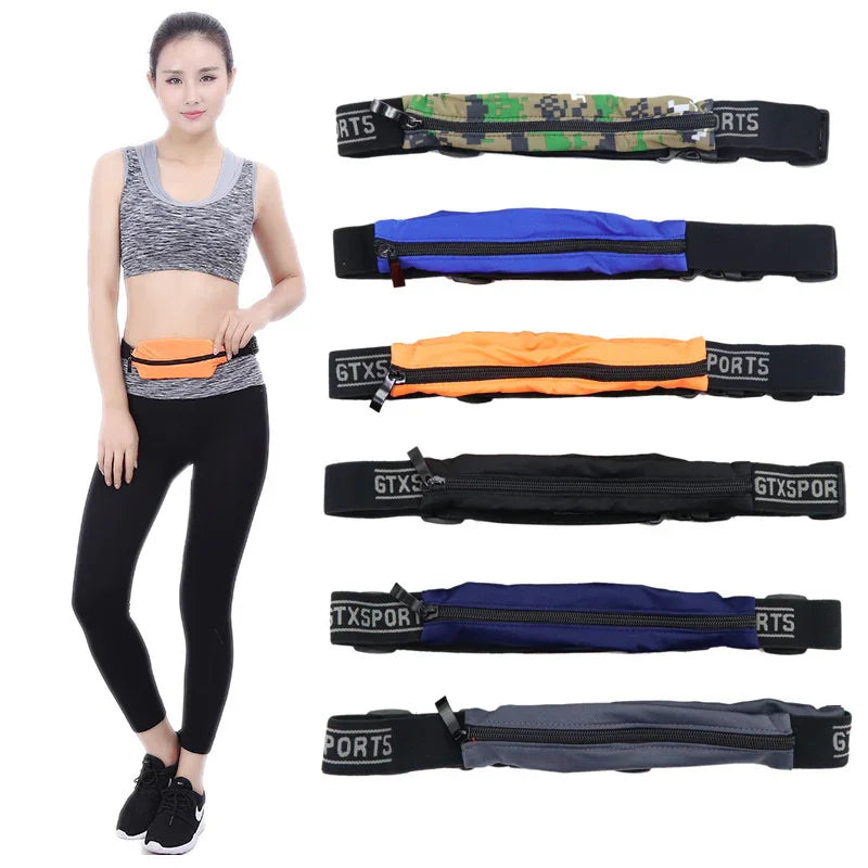 Woman wearing orange running waist belt pouch and five additional sports waist packs in different colors