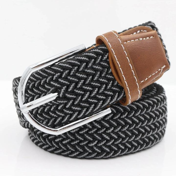 Black and gray woven fabric belt with silver buckle and brown leather stitching detail