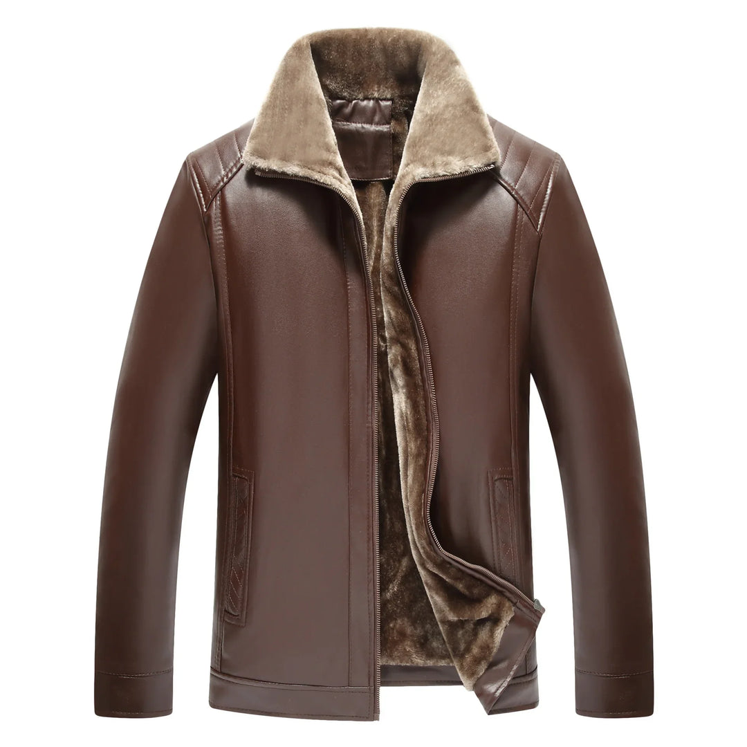 Men's brown leather jacket with soft beige fur lining and stand collar, front zipper design