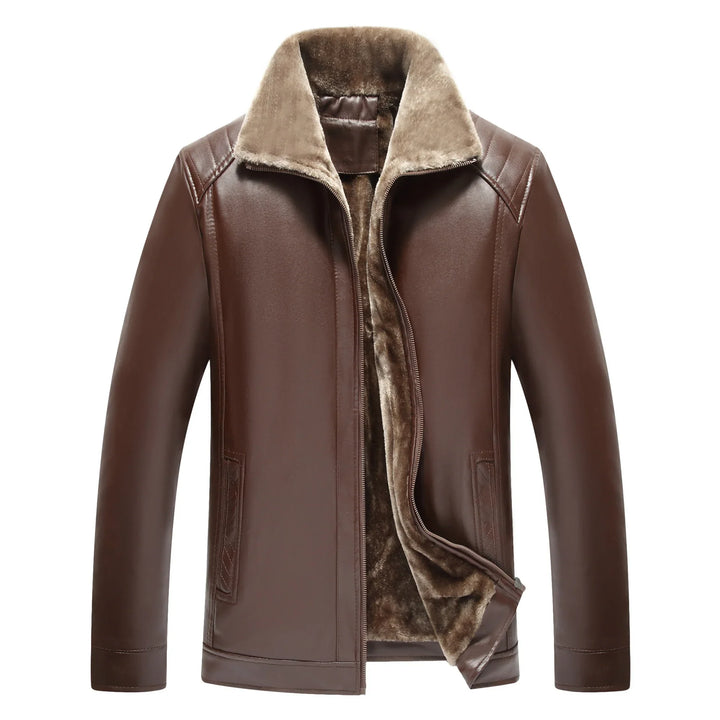Men's brown leather jacket with soft beige fur lining and stand collar, front zipper design