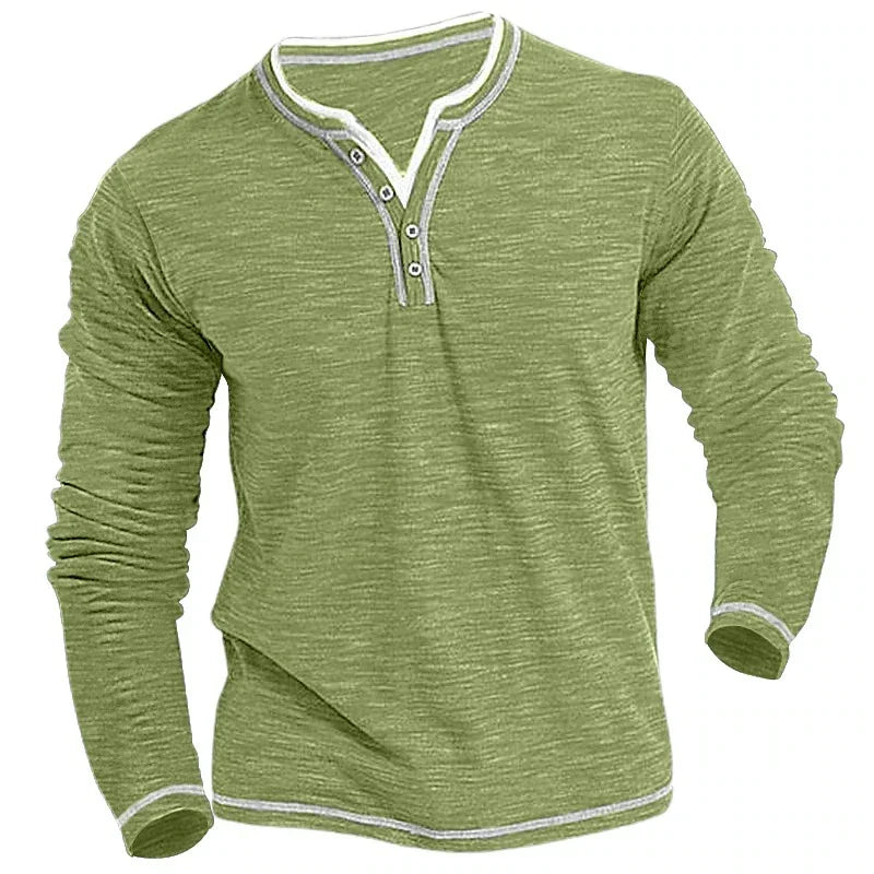 Light green long sleeve henley shirt with buttoned collar and white stitched edges