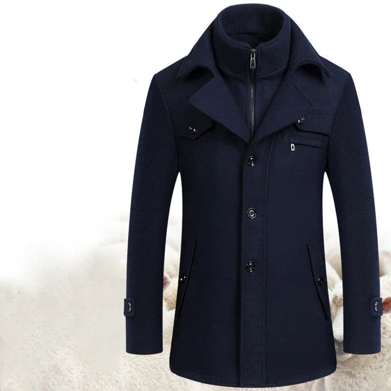 Men's navy blue wool blend winter coat with button closure and zippered inner collar