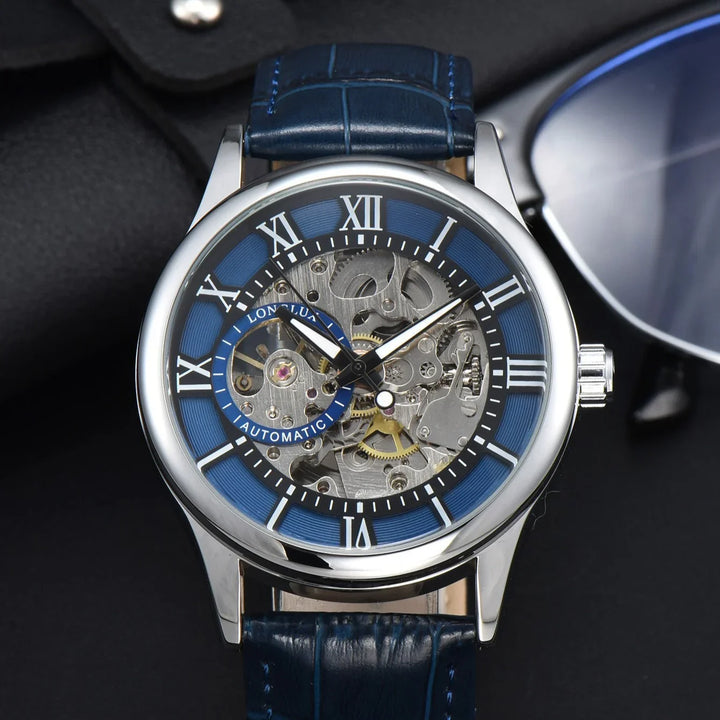 Automatic men's wristwatch with blue leather strap and visible mechanical gears