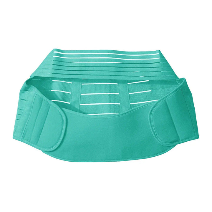 turquoise maternity belly support belt with adjustable straps and breathable design