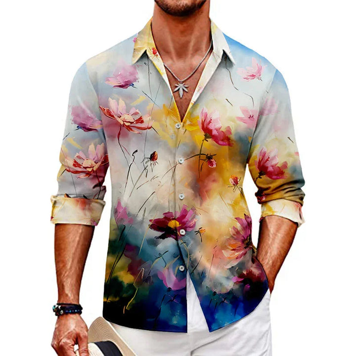 Men's casual button-up shirt with colorful abstract floral print in pink, yellow, and blue tones