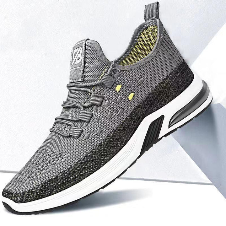 Gray and black lightweight sports running shoe with breathable knit upper and white cushioned sole