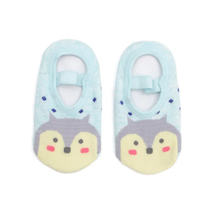 Pair of light blue baby socks with cute owl faces and pink cheeks, featuring blue polka dots and elastic straps
