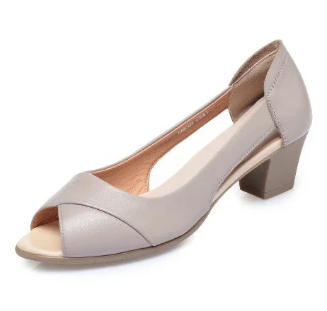 Beige peep-toe low block heel women's dress shoe with cushioned insole