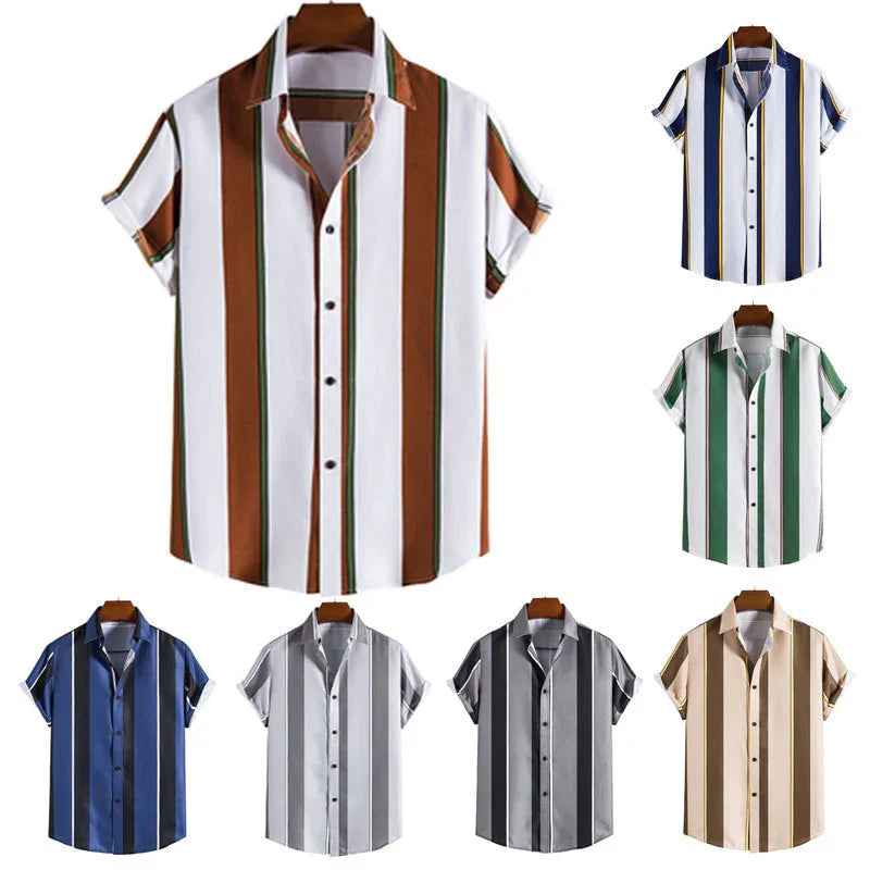 Men's short sleeve button-up shirts with bold vertical stripes in various colors including brown, blue, green, gray, black, and beige