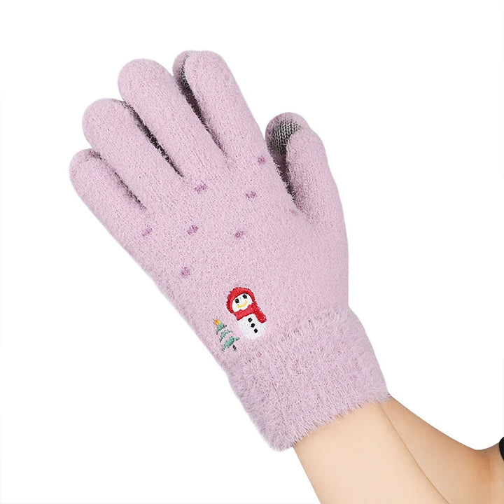 Soft pink fleece winter glove with snowman and tree embroidery on hand