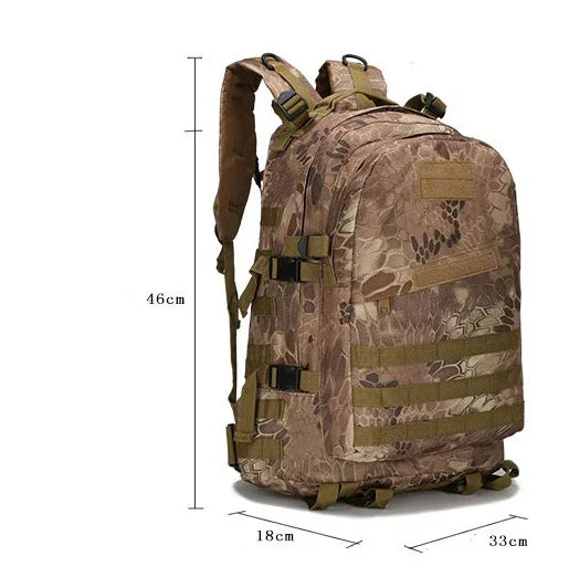 46cm tall camouflage tactical backpack with multiple straps and compartments