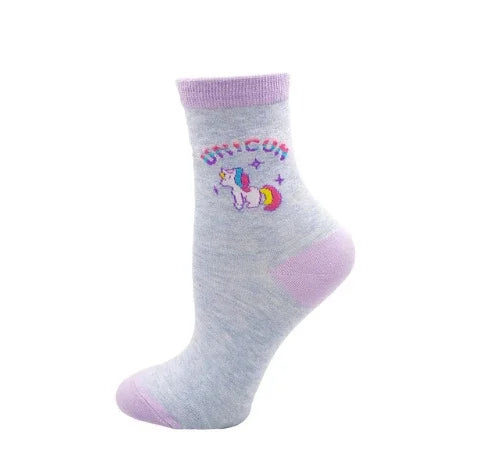 Gray ankle sock with purple cuff, toe, heel, and a colorful unicorn design with the word unicorn