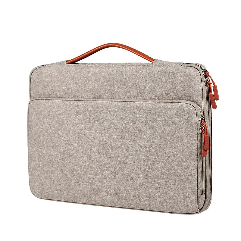Beige laptop sleeve with orange zipper pulls and handle, slim protective carrying case