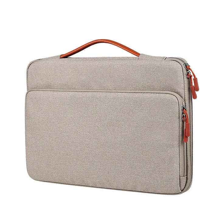 Beige laptop sleeve with orange zipper pulls and handle, slim protective carrying case