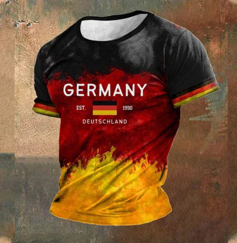 Germany-themed t-shirt with black, red, and yellow flames, featuring Germany flag and text est. 1990 Deutschland