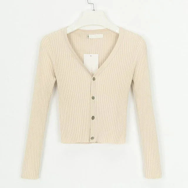 Beige ribbed knit cardigan with long sleeves and front buttons, displayed on white hanger