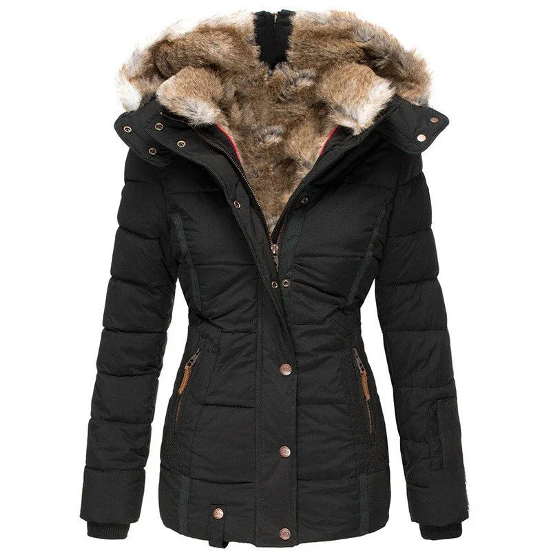 Black women's winter jacket with faux fur-lined hood and zipper pockets, insulated padded coat