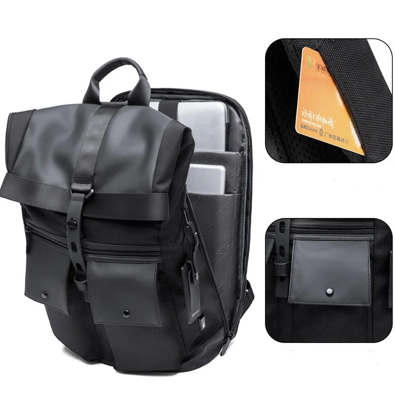 Black waterproof laptop backpack with multiple compartments and secure buckle closure
