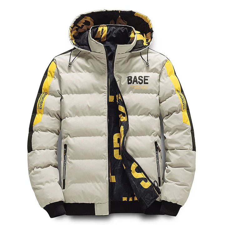Men's beige puffer jacket with yellow accents, hood, zippered pockets, and BASE logo