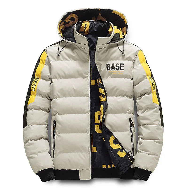Men's beige puffer jacket with yellow and black accents, hood, front zipper, and BASE logo