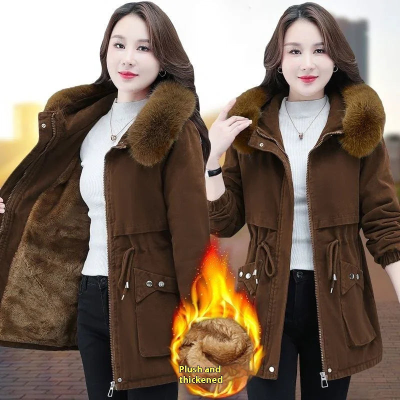 woman wearing brown plush thickened winter coat with fur collar and pockets