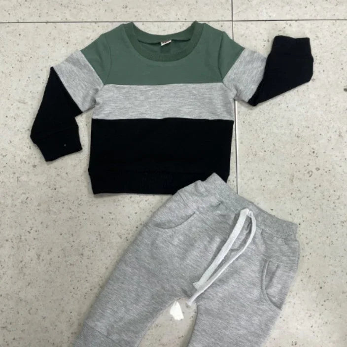 Children's casual two-piece outfit with green, gray, black color-blocked sweatshirt and gray sweatpants with drawstring