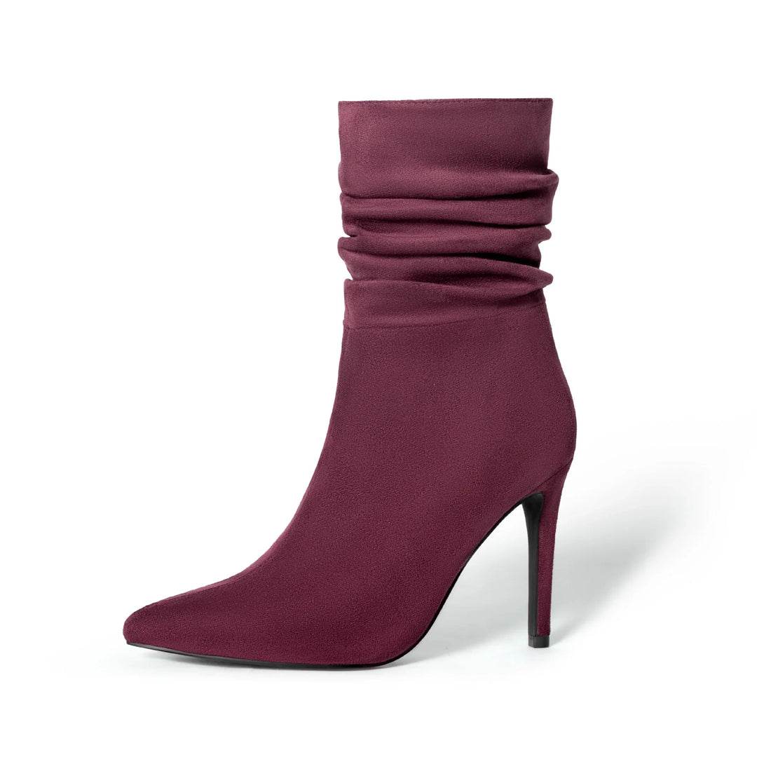 Purple suede high heel ankle boot with slouchy upper and pointed toe